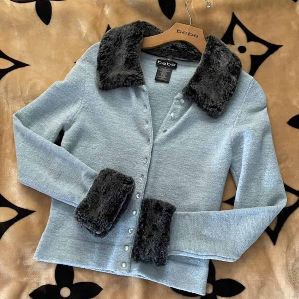 Bebe Baby blue removable fur cardigan sweater - Picture 9 of 14
